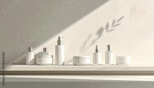 Minimalist Skincare Product Lineup on a Shelf with Natural Light and Shadows.