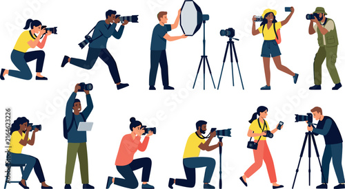 Professional Photographer and Videographer Character Set with People Taking Photos Using Cameras, Tripods, and Lighting Equipment for Creative Vector Designs