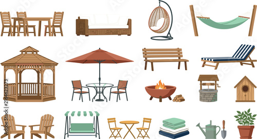 Outdoor Garden Furniture and Backyard Living Vector Icon Set Featuring Gazebo Chairs Hammock Parasol Fire Pit and Gardening Tools for Landscape Design and Patio Architecture Mockups