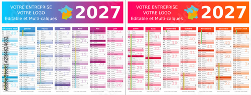 Avec vacances 2027 - Calendrier 2027 14 mois au format 320 x 420 mm recto verso entièrement modifiable via calques et texte sans serif