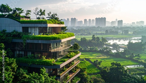 Modern Eco-Friendly Building with Lush Green Terraces and Cityscape View.