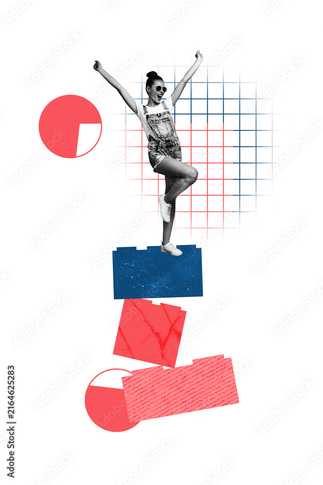 Naklejka premium Sketch image artwork composite 3D photo collage of miniature young lady stand high pile success obstacle overcome lego element piece
