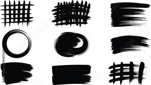 Canvas Print Grunge black paint textures including ink grid crosshatch smudges circles and th