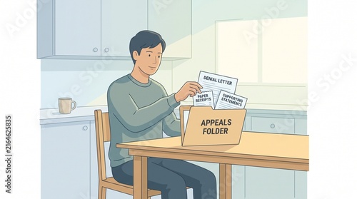 Adult claimant organizing appeal documents at a kitchen table