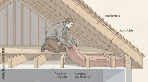 Homeowner placing attic insulation batt between joists cutaway