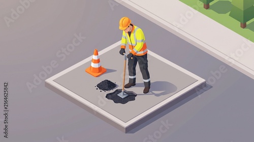 Isometric road worker repairing a pothole beside a safety cone