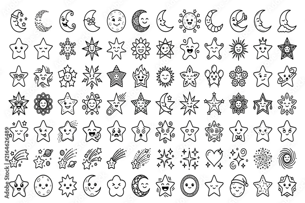 Obraz premium Set of cute hand drawn moon and star icons with collection