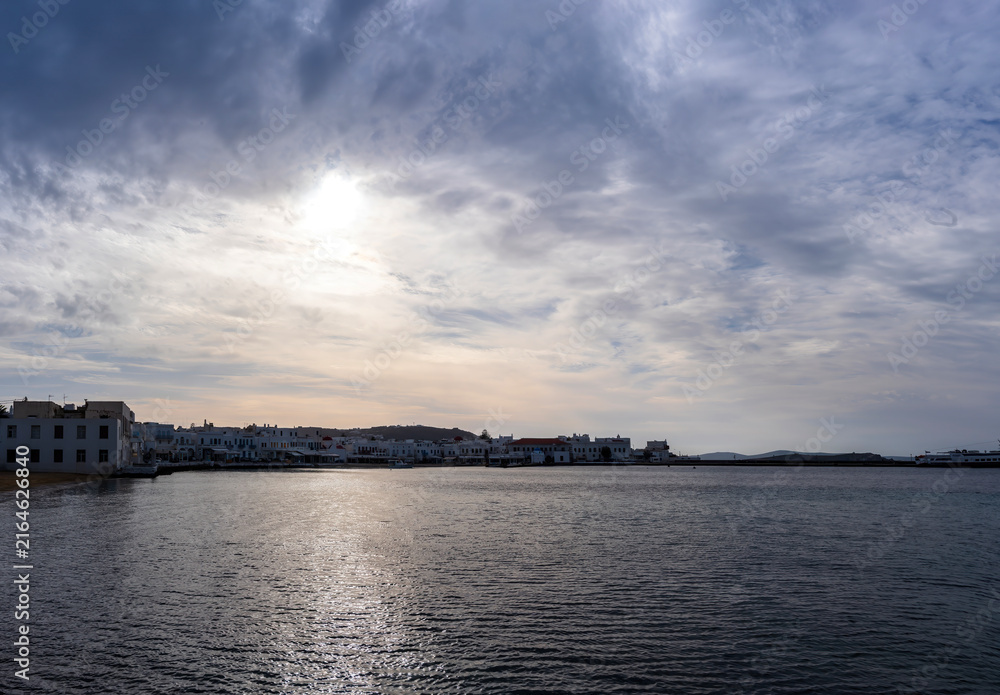 Naklejka premium Mykonos town and beach on gloomy winter day