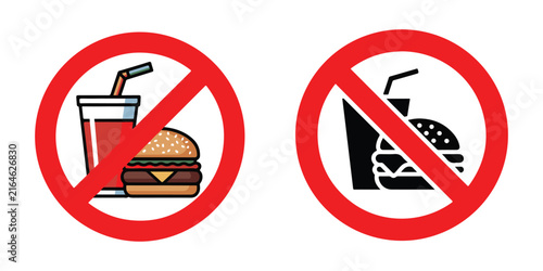 Фотография No food and drink icons, burger and soda with red prohibition signs