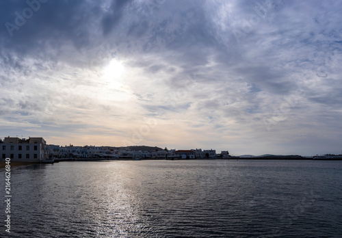 Mykonos town and beach on gloomy winter day