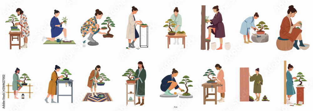 Fototapeta premium A collection of minimalist illustrations depicting diverse women meticulously caring for, pruning, and cultivating various bonsai trees in a serene, artistic setting.