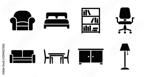 Set of black furniture vector icons representing home interior design elements for web and mobile app projects