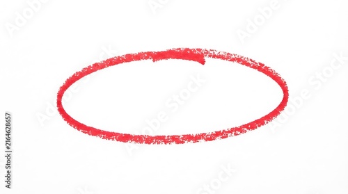 Red hand drawn circle made with wax crayon isolated on a plain white background for design emphasis