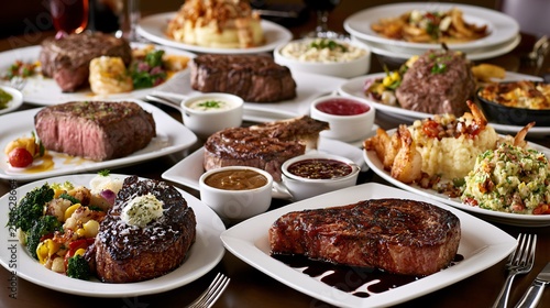 A grand steakhouse concept featuring an abundant feast table overflowing with premium steaks, sauces, and gourmet side dishes