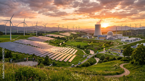 Renewable energy concept landscape with solar panels in foreground and wind turbines in field at sunset with industrial cooling towers in background. 
