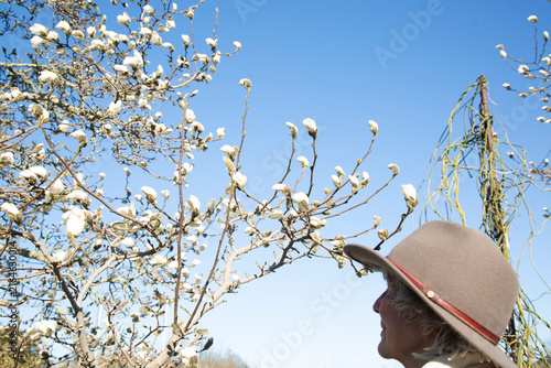 Senior woman looking at blooming flowers on tree against sky
