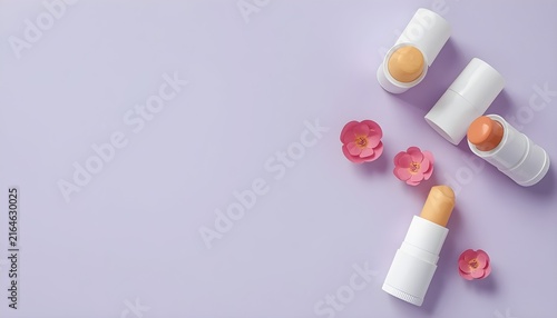 Lip balms adorned with tiny paper flowers set against a lilac backdrop, leaving room for text.