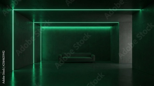 Modern minimalist room interior illuminated by glowing neon green LED light strips in darkness