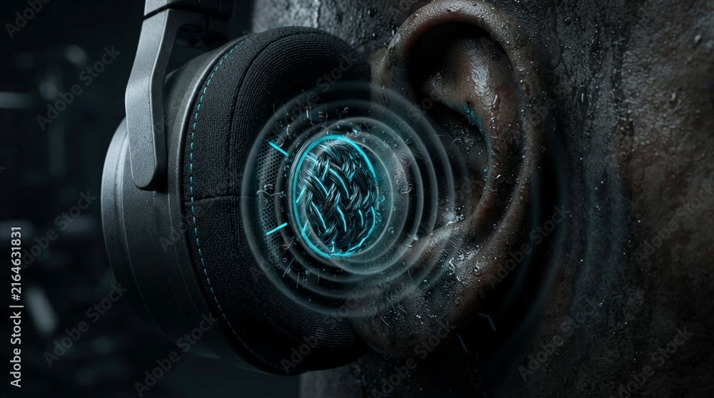 Fototapeta premium Audio earcup and stylized inner ear with pressure waves, sweat droplets, nano mesh vents, and durable materials for training and isolation