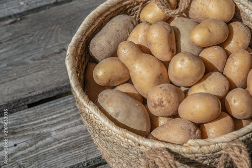 Close view of fresh potatoes in a woven basket with rustic wooden copy space beside them.