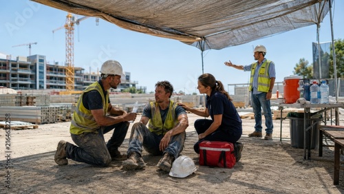 Construction Worker Suffering Heat Stress Receiving First Aid and Hydration on Job Site