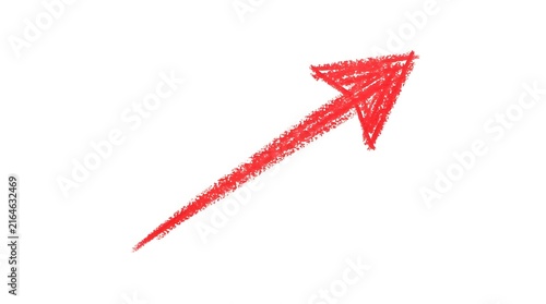 A vibrant red crayon drawing of an arrow pointing upwards on a white background representing direction and progress