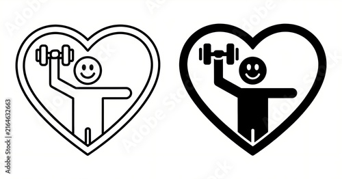Fitness Person with Dumbbell Heart Outline and Silhouette Set
