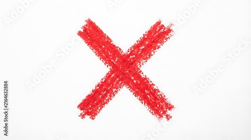 A vibrant red crayon drawing of a large x mark on white paper represents rejection and cancellation concepts
