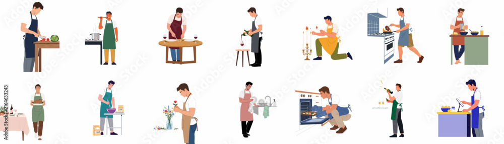 Fototapeta premium A collection of flat vector illustrations showing men in aprons performing various kitchen tasks such as cooking, baking, and cleaning.