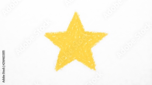 A vibrant yellow crayon drawing of a five pointed star on a clean white surface simple childhood art illustration
