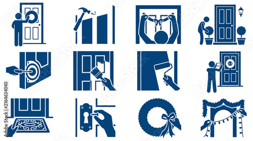 Home maintenance and front door renovation icon set