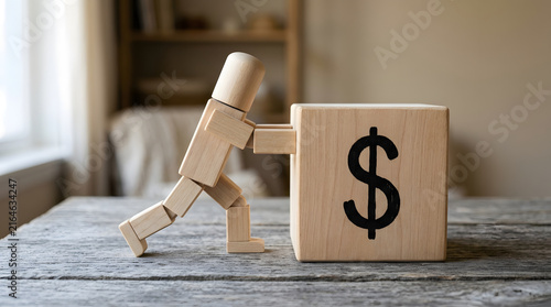 Wooden mannequin figure pushing a cube with dollar sign