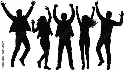 Group of happy young people jumping and celebrating silhouette vector illustration