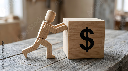 Wooden mannequin pushing a block with a dollar sign