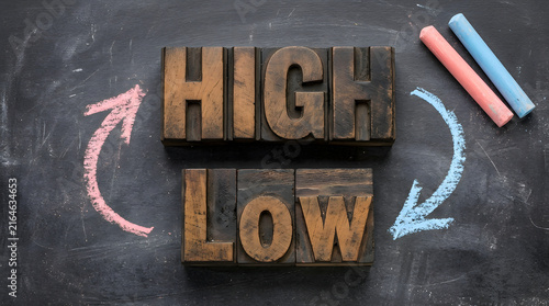 High and low text written with wood blocks on a chalkboard