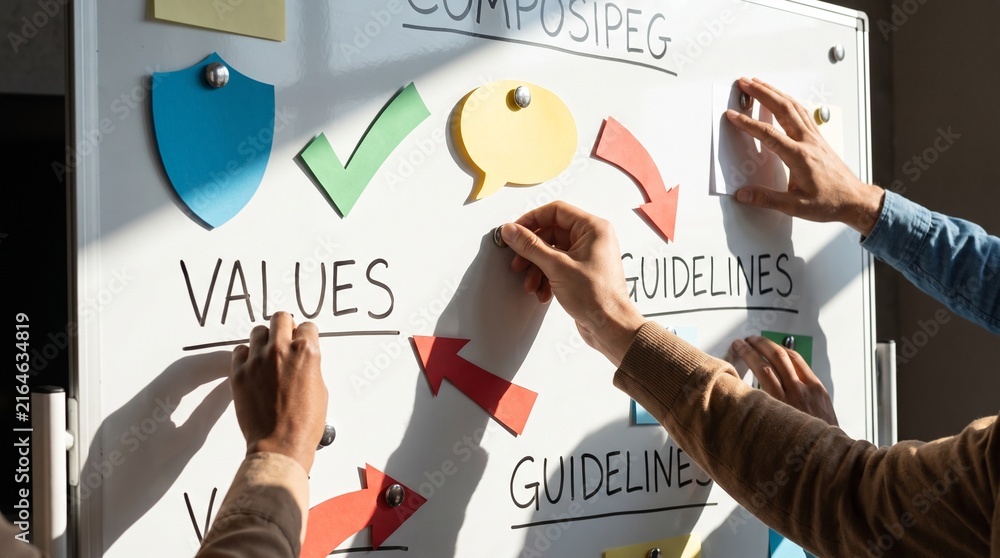 Obraz premium Hands place simple AI rule symbols on a classroom board