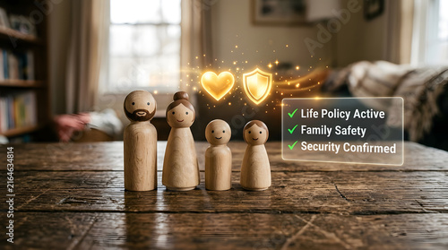 Wooden peg doll family with glowing hearts on a table