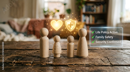 Wooden family figurines with glowing digital hearts on table