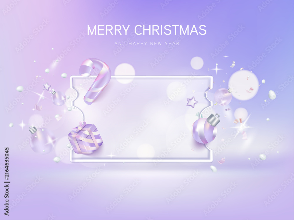 Naklejka premium Transparency coupon banner glassmorphism for Discount online shopping with Merry christmas gift box decorations background. Gradient holographic theme.