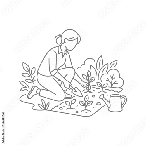 Woman Kneeling Gardening With Watering Can.