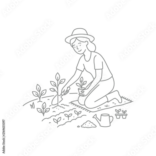 Woman planting a small green sapling.