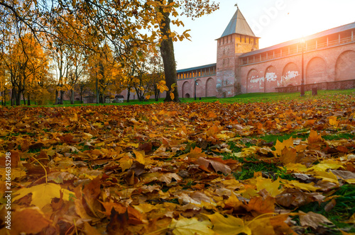 Photography Autumn city sunset landscape - fallen autumn leaves on ground and a medieval for