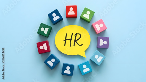 Hr human resources concept with wooden blocks and speech bubble
