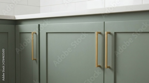 Modern sage green kitchen cabinets with minimalist matte gold handles in a close-up interior 