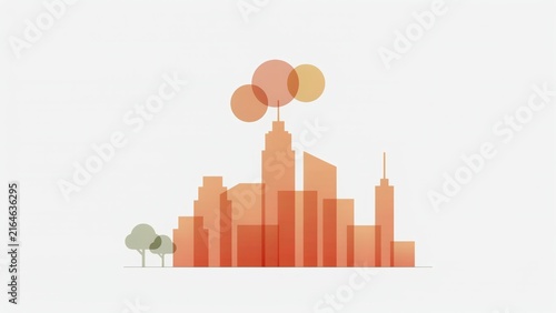 Abstract urban skyline illustration with geometric buildings trees with minimalist cityscape illustration stylized trees overlapping buildings warm orange