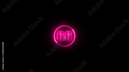 Neon number text 66 number countdown icon background 4k animation. glowing neon number animation.