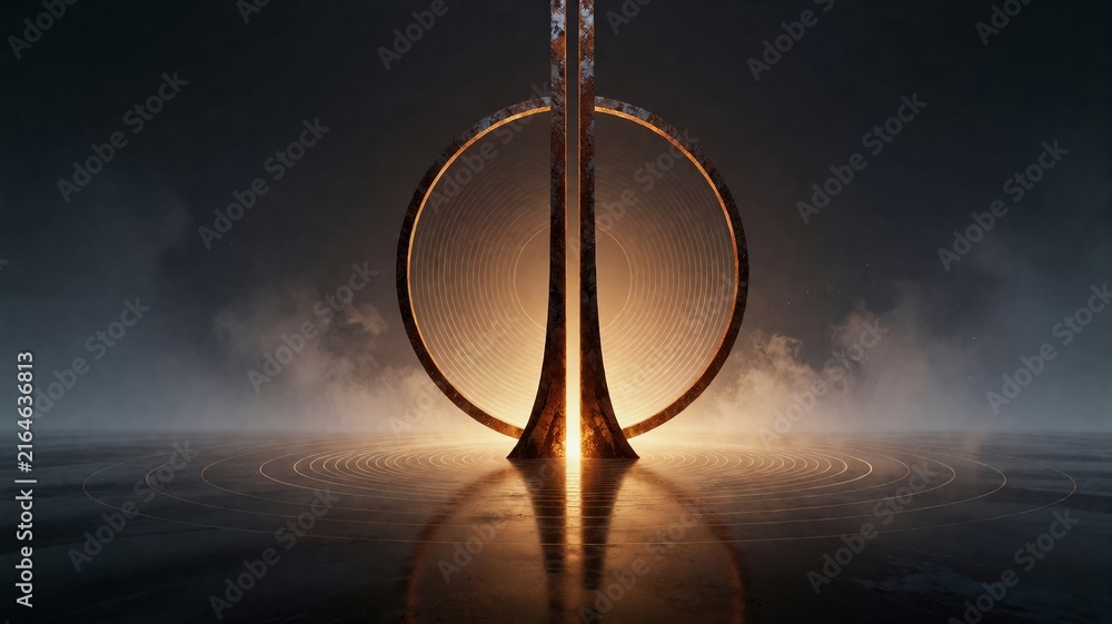 Naklejka premium Abstract Sci-Fi Portal with Glowing Gold Ring and Pillars