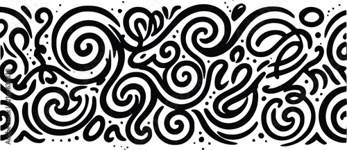 Decorative vector art background featuring flowing hand drawn black swirls and creative abstract lines crafted as a seamless border pattern for modern digital print design projects.