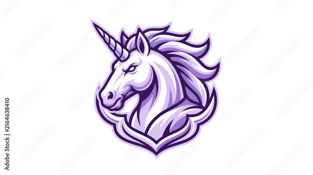 Fototapeta premium Fierce Purple Unicorn Head Mascot Illustration for Esports Team Branding and Dynamic Gaming Profile Imagery