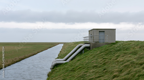 Industrial water pump station with metal pipes on a green grass dike next to a drainage canal under a cloudy sky in rural flatland